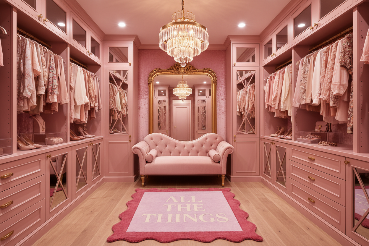 Pink walk-in closet with a sofa, mirror, and decorative scallop rug.