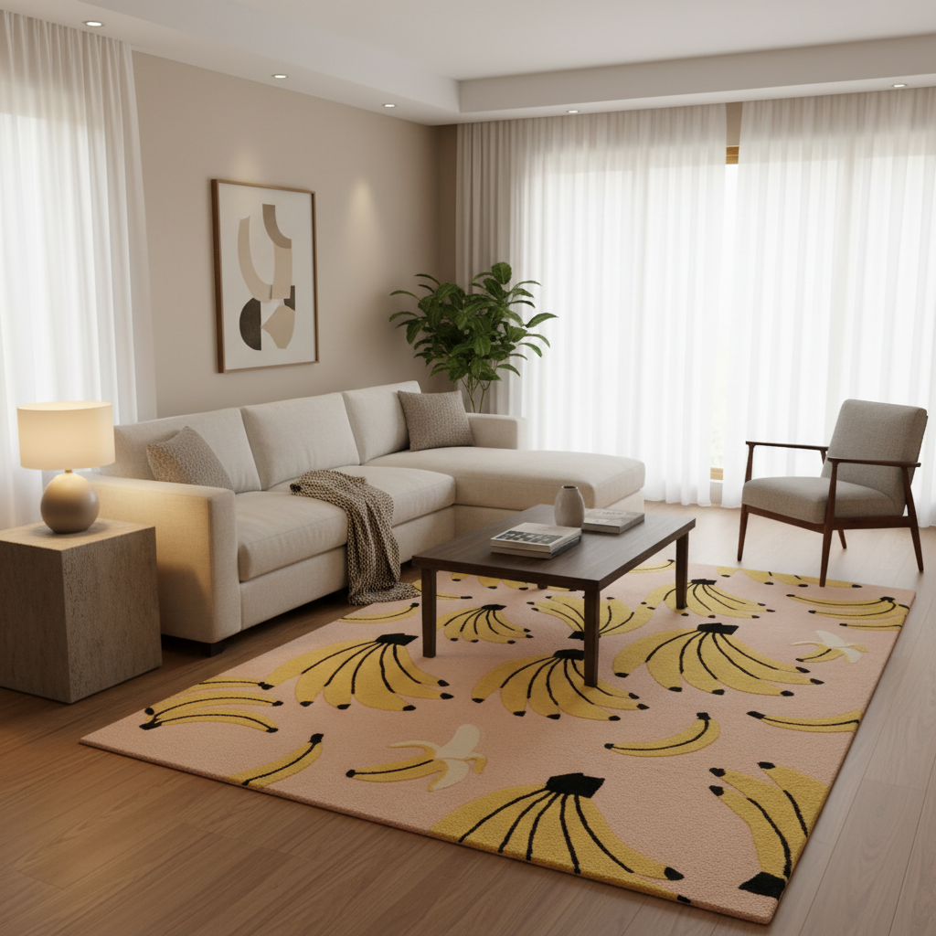 A modern living room featuring a beige sectional sofa, a dark wood coffee table, a light gray armchair, and a large area rug with a yellow banana print on a beige background. The room has warm neutral walls, sheer white curtains, and a potted plant in the corner.