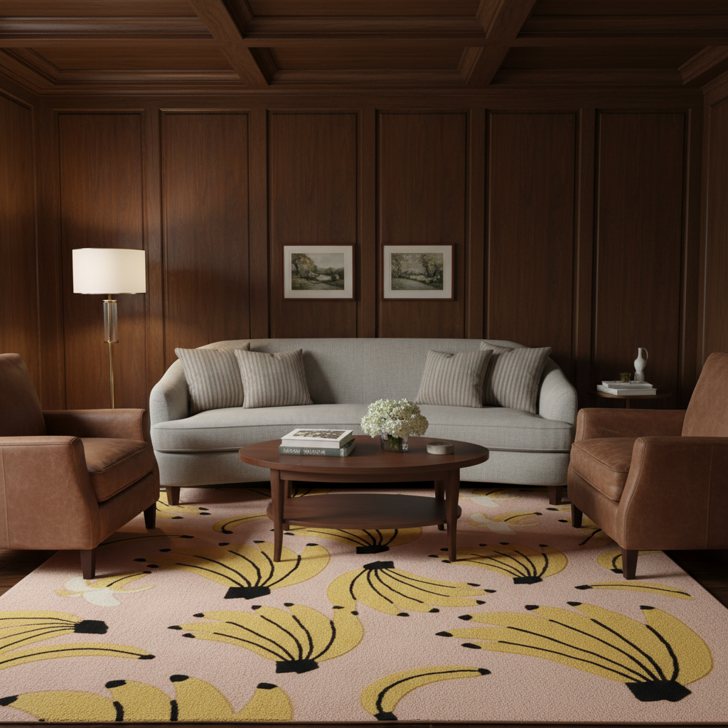 A styled living room with a light gray sofa, two brown armchairs, a round wooden coffee table, and a large patterned area rug in beige, yellow, and black. The room features dark wood paneled walls and a coffered ceiling.