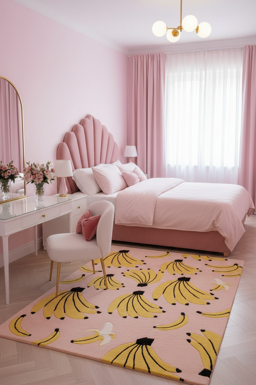 Pink bedroom with banana patterned rug, bed, and desk.