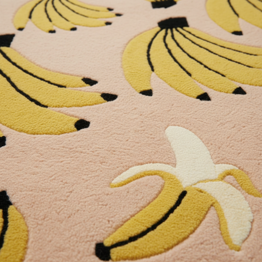 A close-up of a textured pink surface with a repeating pattern of yellow bananas, including one peeled banana in the foreground.