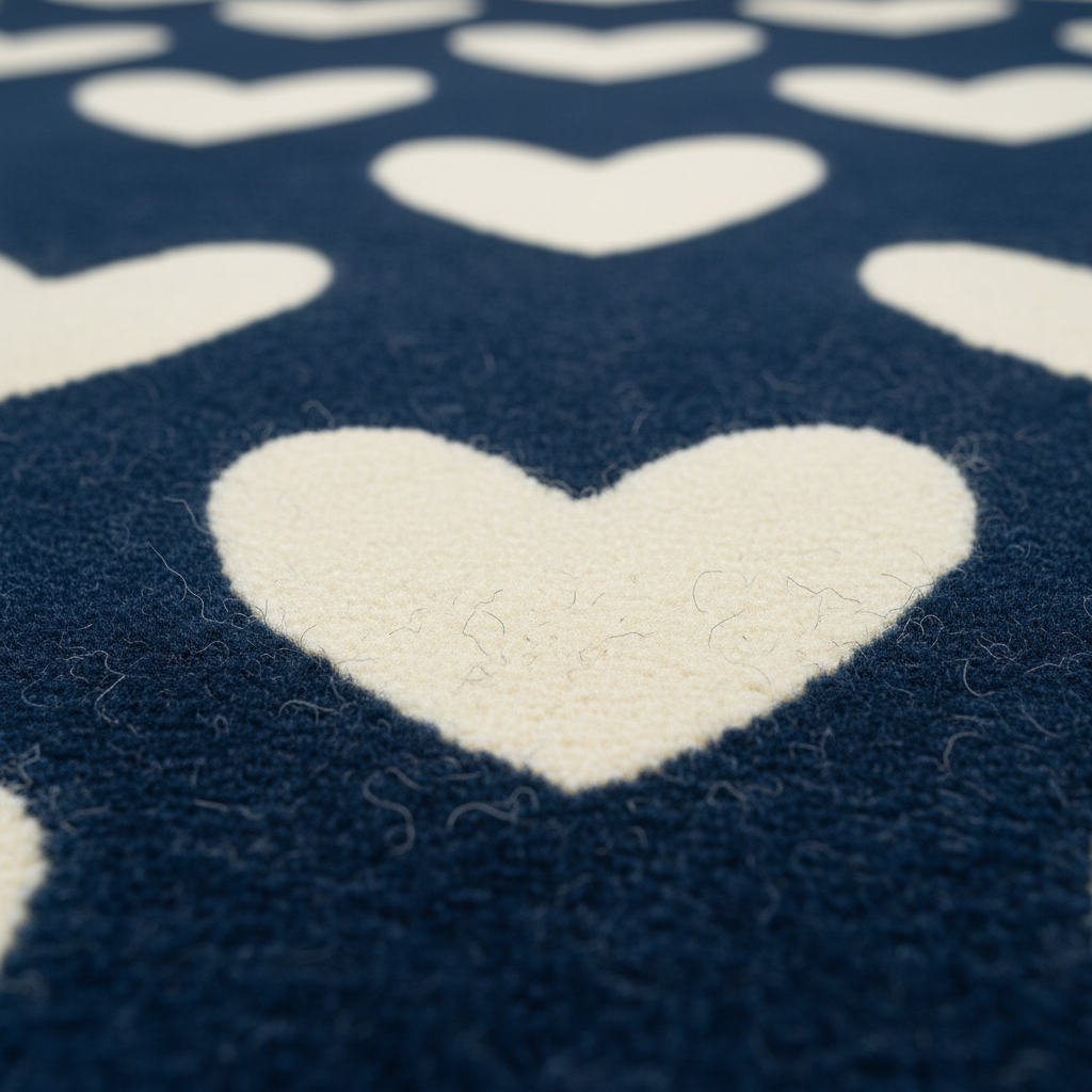 Close-up of a textured fabric or rug with a repeating heart pattern, featuring a dark navy blue background and off-white hearts.