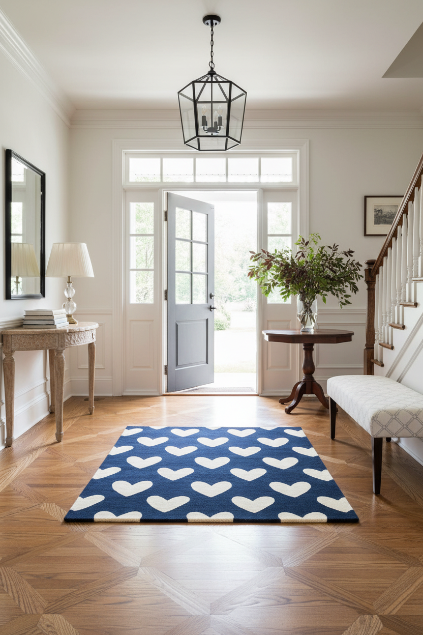 Nautical-themed room with a blue rug featuring white hearts, wooden floor, and white walls.