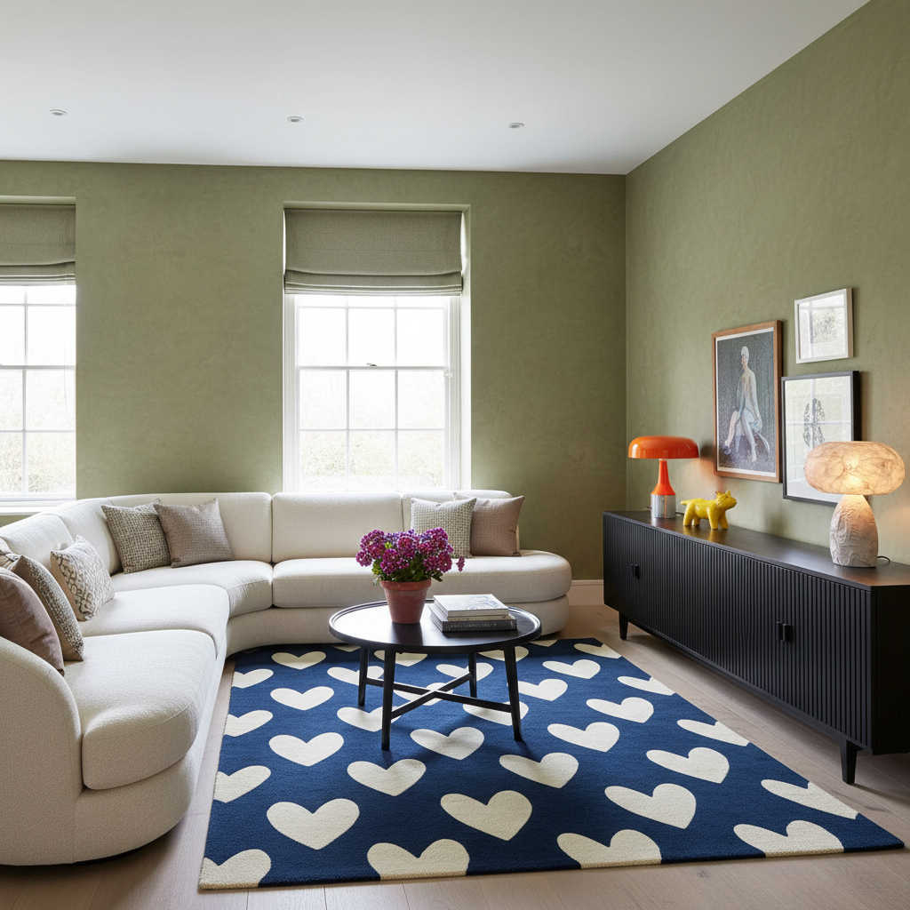 A styled living room featuring a cream curved sectional sofa, a navy blue area rug with a cream heart pattern, and olive green walls. A black ribbed sideboard stands against the right wall with decorative items, and framed art hangs on the wall.