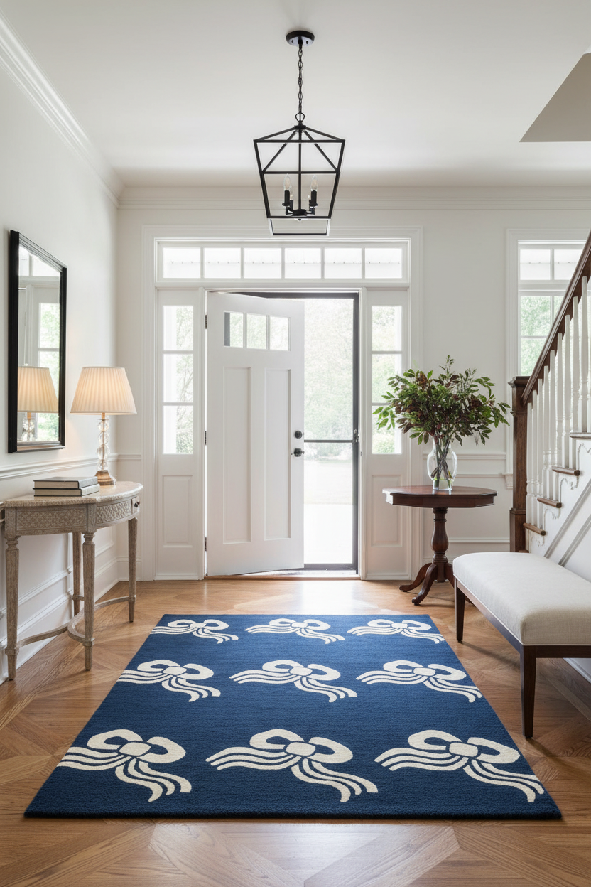 Foyer with a blue and white patterned rug, wooden floor, and white walls.