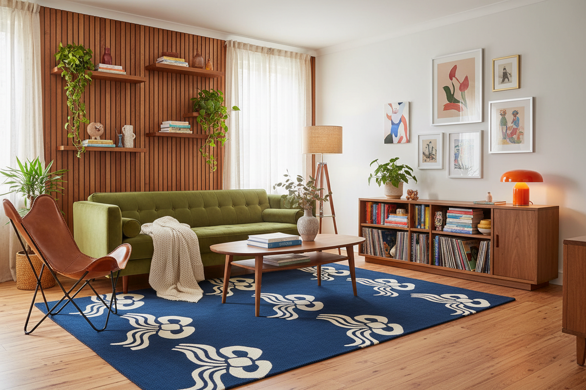 A styled mid-century modern living room featuring a prominent blue rug with a cream abstract wave pattern, a green tufted sofa, a brown leather chair, and wooden shelving with plants and framed art.