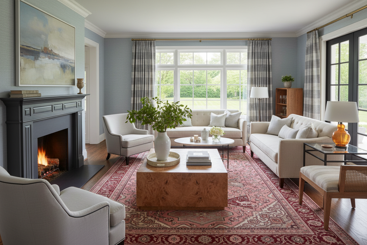 Living room with red rug, fireplace, sofa, chairs, and decorative items.