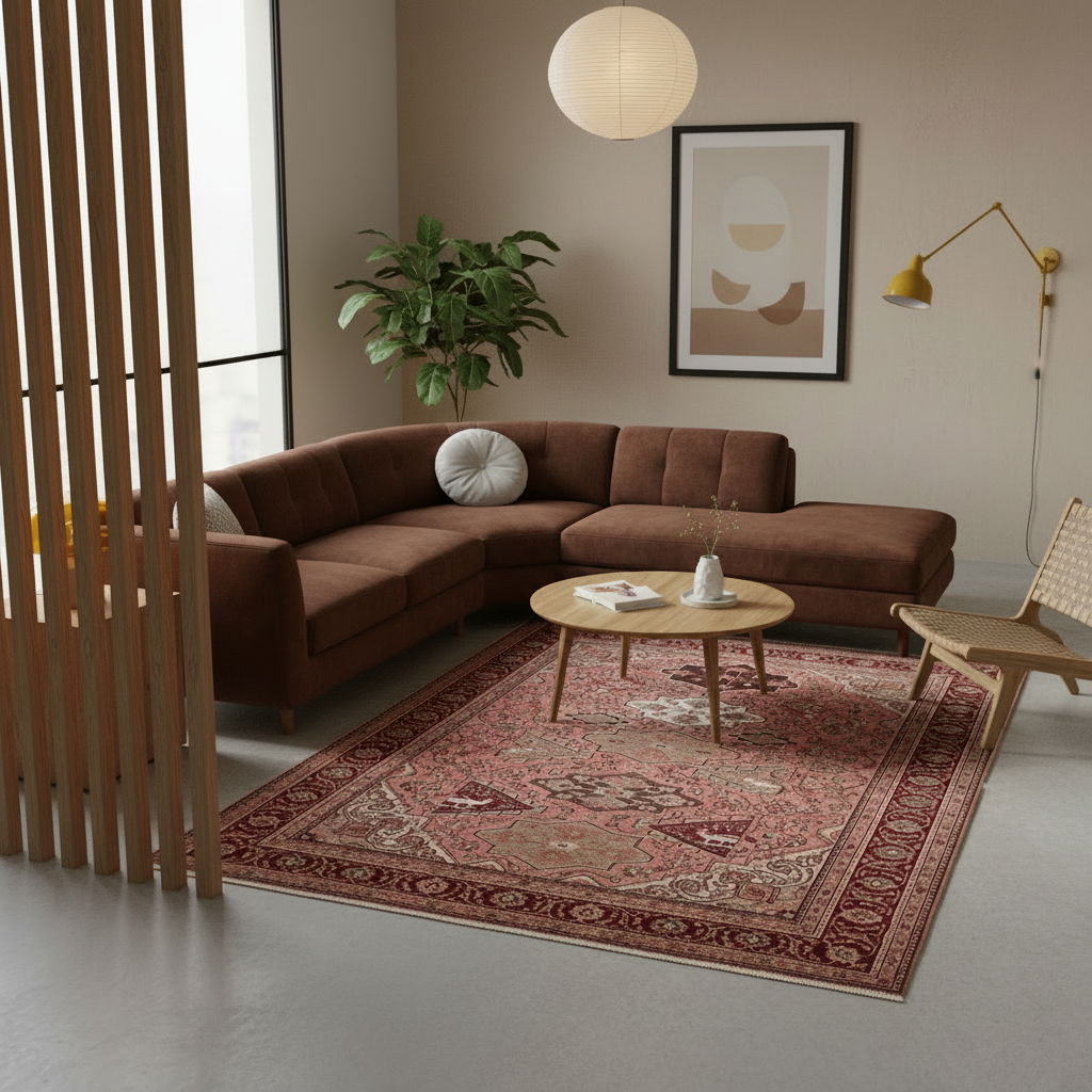 A styled living room scene featuring a brown sectional sofa, a round coffee table, and a large red and beige patterned area rug on a light gray floor. The room includes a plant, wall art, a floor lamp, and a wooden chair.