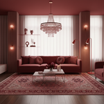 A luxurious living room scene featuring a deep burgundy sofa, a matching patterned area rug, a crystal chandelier, and warm ambient lighting.