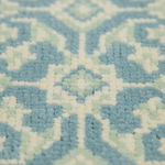 Close-up of a textured area rug with a geometric medallion pattern in light blue, sage green, and cream.