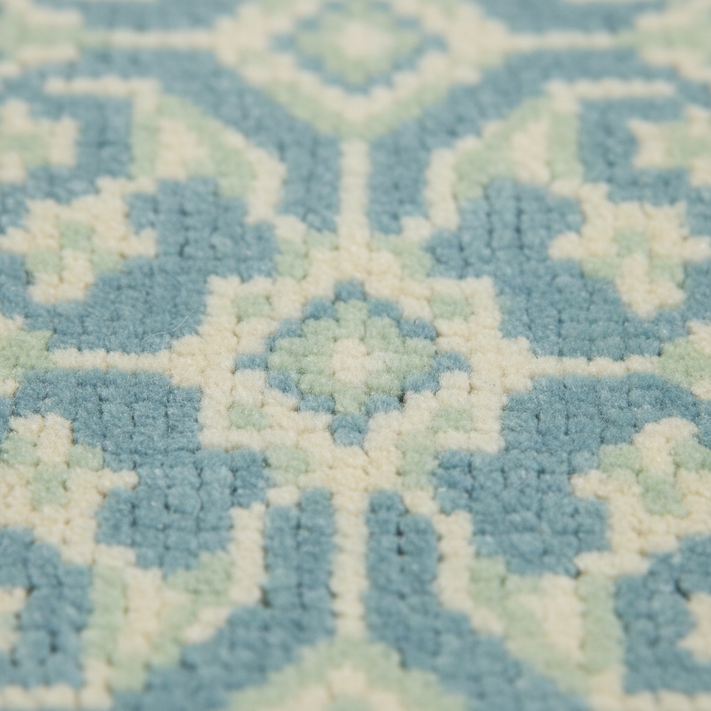 Close-up of a textured area rug with a geometric medallion pattern in light blue, sage green, and cream.