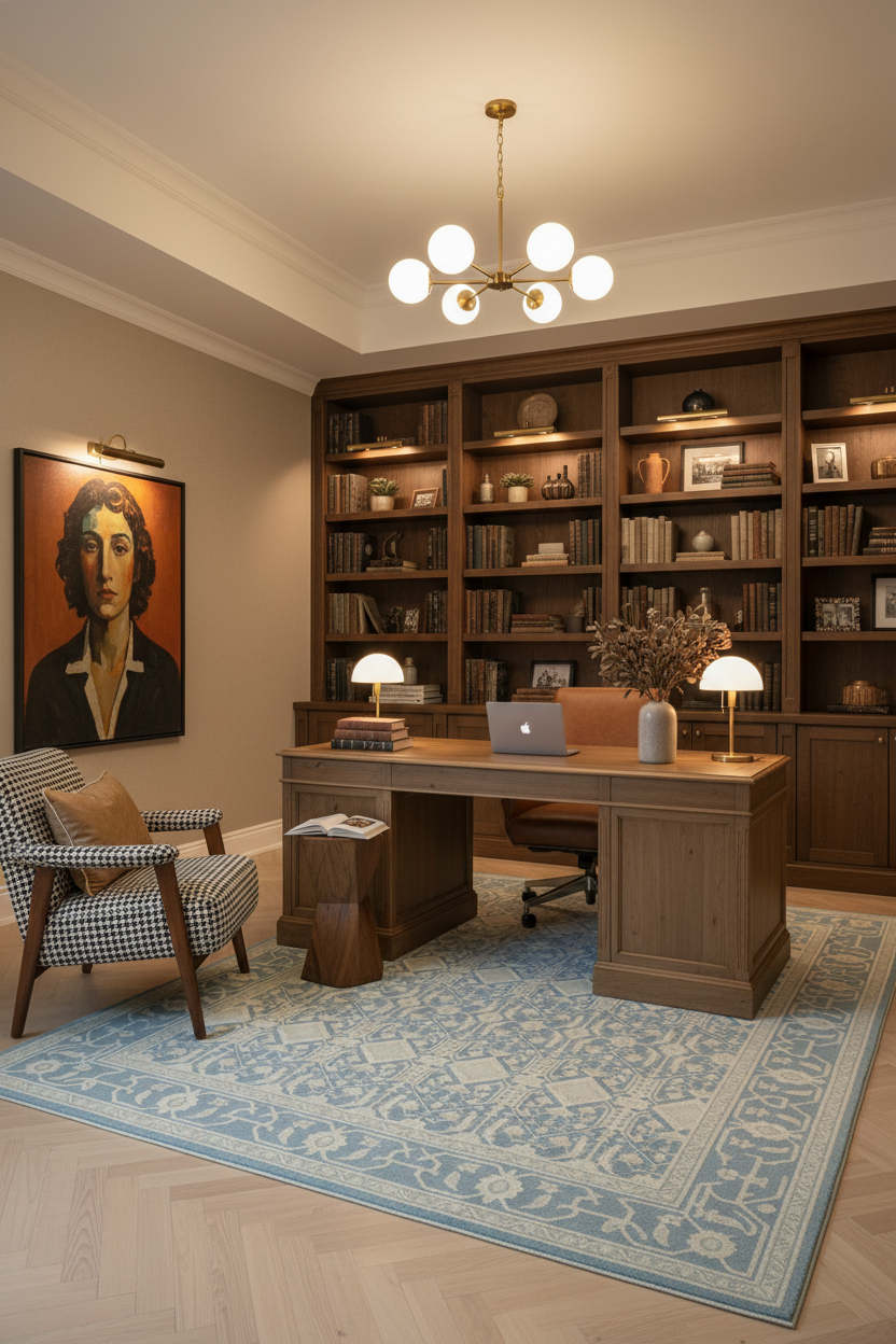 A styled home office interior featuring a large wooden writing desk and matching bookshelves, with a blue patterned area rug, lit pendant ceiling chandelier, and a framed portrait on the wall.