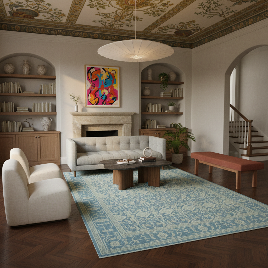 A styled living room interior featuring a large light blue and beige patterned area rug on dark wood herringbone flooring, with a white sofa, wooden coffee table, built-in shelving, a fireplace, and an ornate painted ceiling.