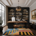 Modern home office with a wooden desk, bookshelves, and a colorful rug.