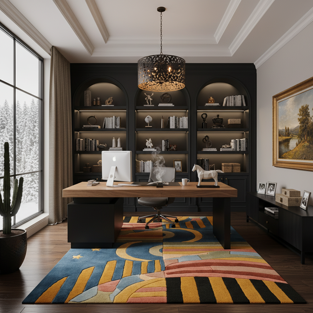 Modern home office with a wooden desk, bookshelves, and a colorful rug.