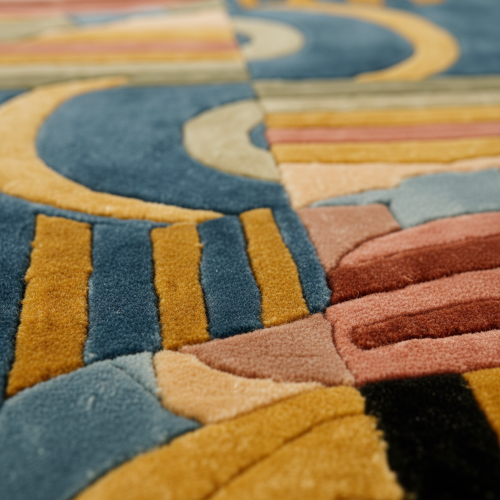 Close-up of a textured area rug with a retro abstract design featuring wavy arches and stripes in mustard yellow, slate blue, dusty pink, beige, and black.
