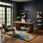 Modern home office with a wooden desk, chair, and bookshelves.