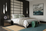 Modern bedroom with a bed, nightstands, and abstract rug, art on the wall.