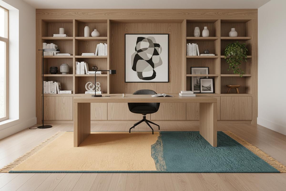 Modern home office with wooden shelves, desk, and artwork.