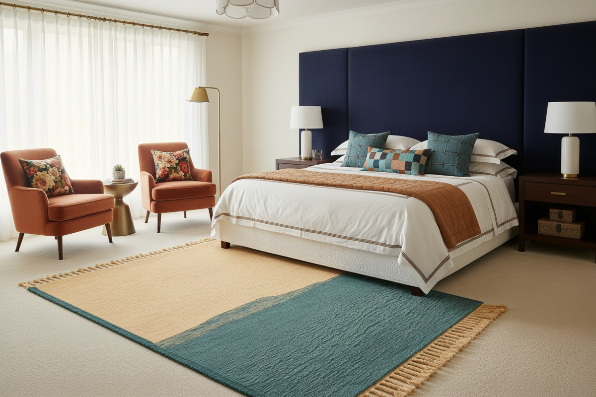 Modern bedroom with a bed, chairs, and decorative elements.