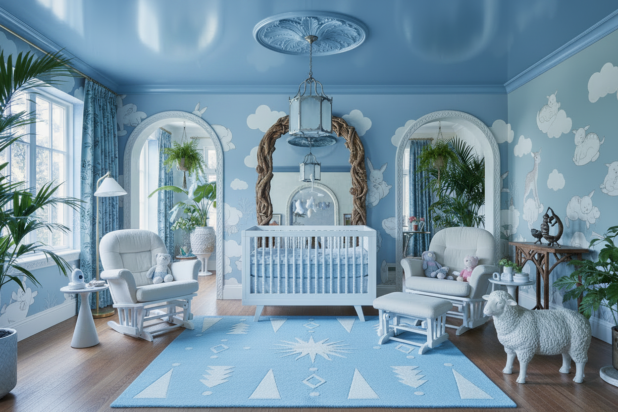 Luxurious nursery with blue walls, white furniture, and decorative square blue rug, and decor nursery elements.