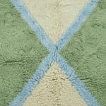 A close-up of a textured sherpa or fleece fabric with a geometric pattern of sage green, cream, and light blue sections divided by diagonal lines.