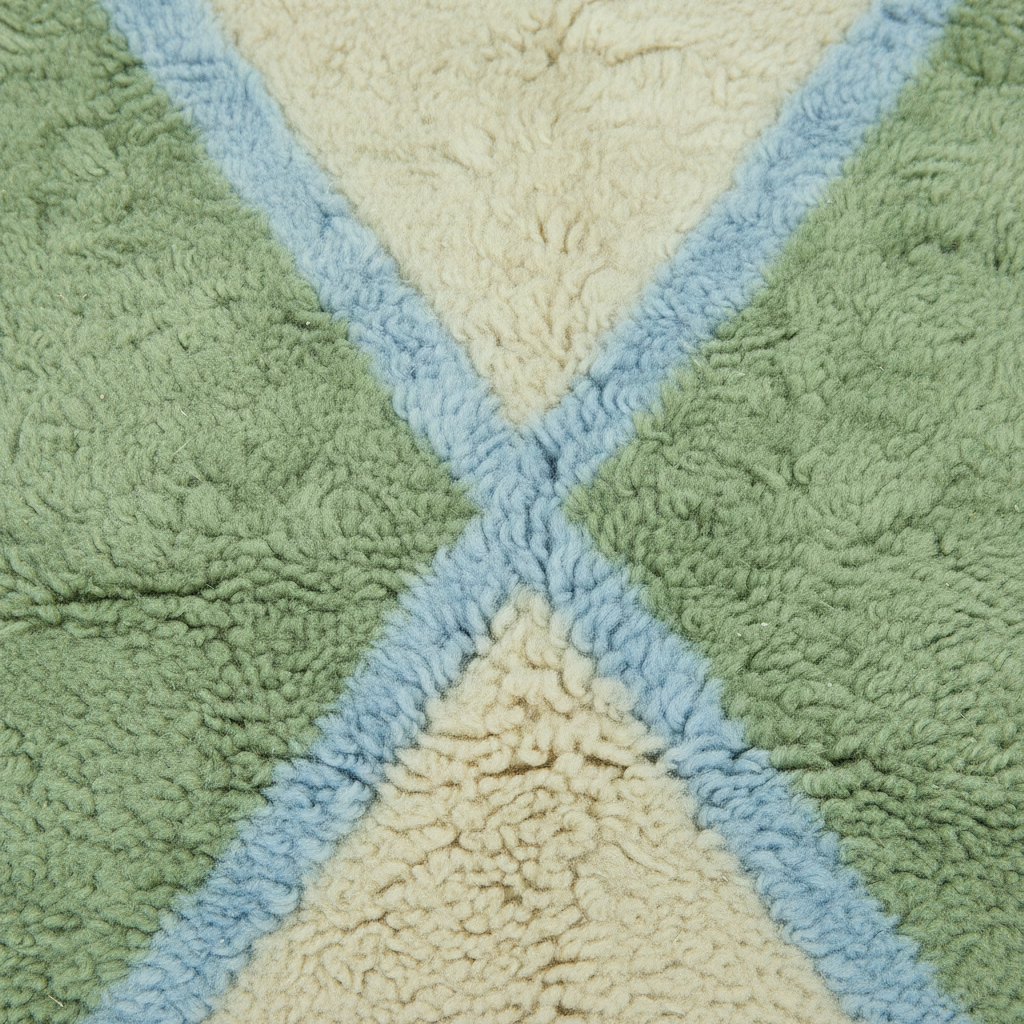 A close-up of a textured sherpa or fleece fabric with a geometric pattern of sage green, cream, and light blue sections divided by diagonal lines.