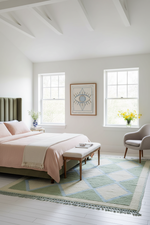 Modern bedroom with pink bedding, geometric green rug, and framed artwork.