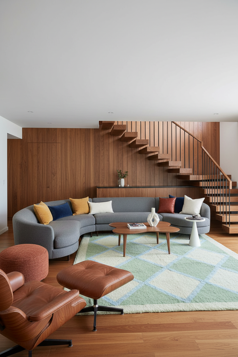 Modern living room with a sectional sofa, coffee table, moroccan  checker shag rug, and staircase in the background.