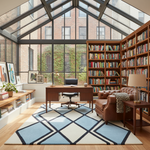 Home office with bookshelves, desk, blue and white geometric rug, and armchair in a well-lit room.
