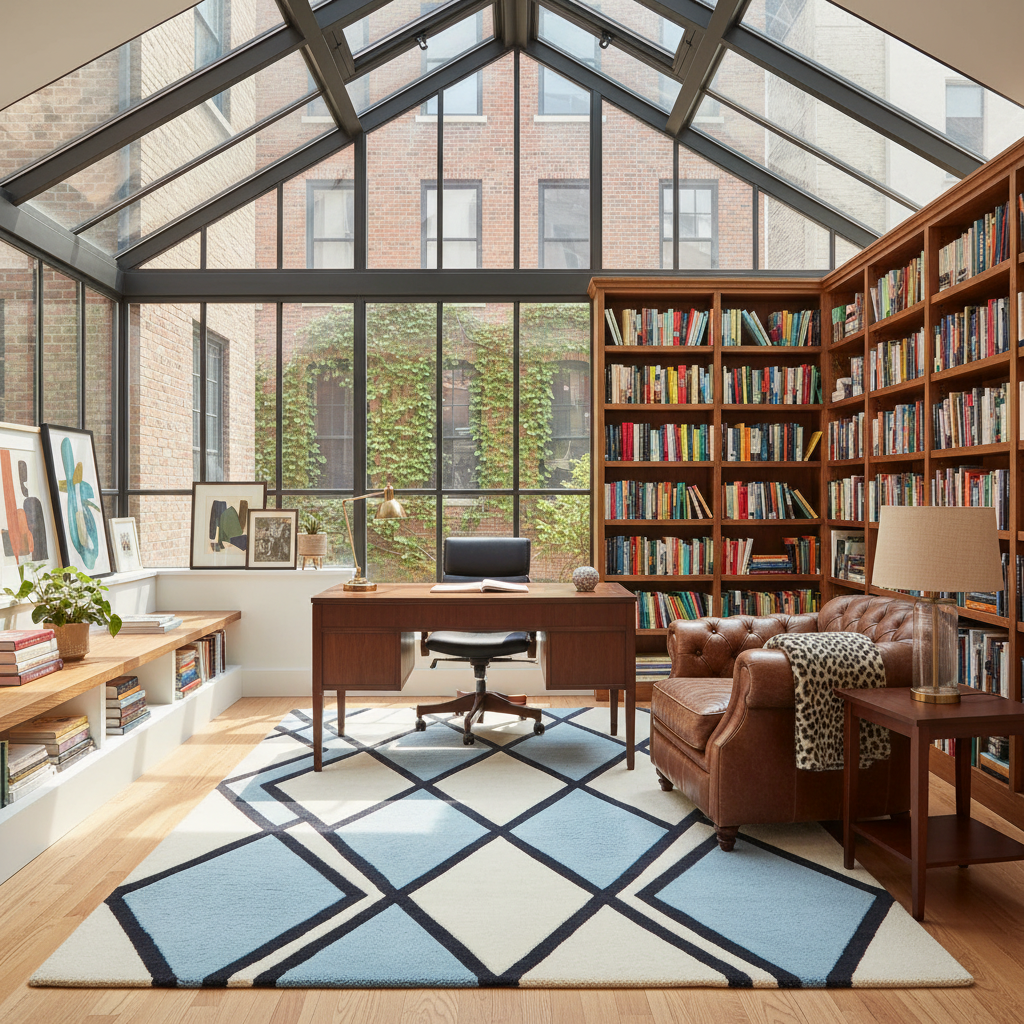 Home office with bookshelves, desk, blue and white geometric rug, and armchair in a well-lit room.