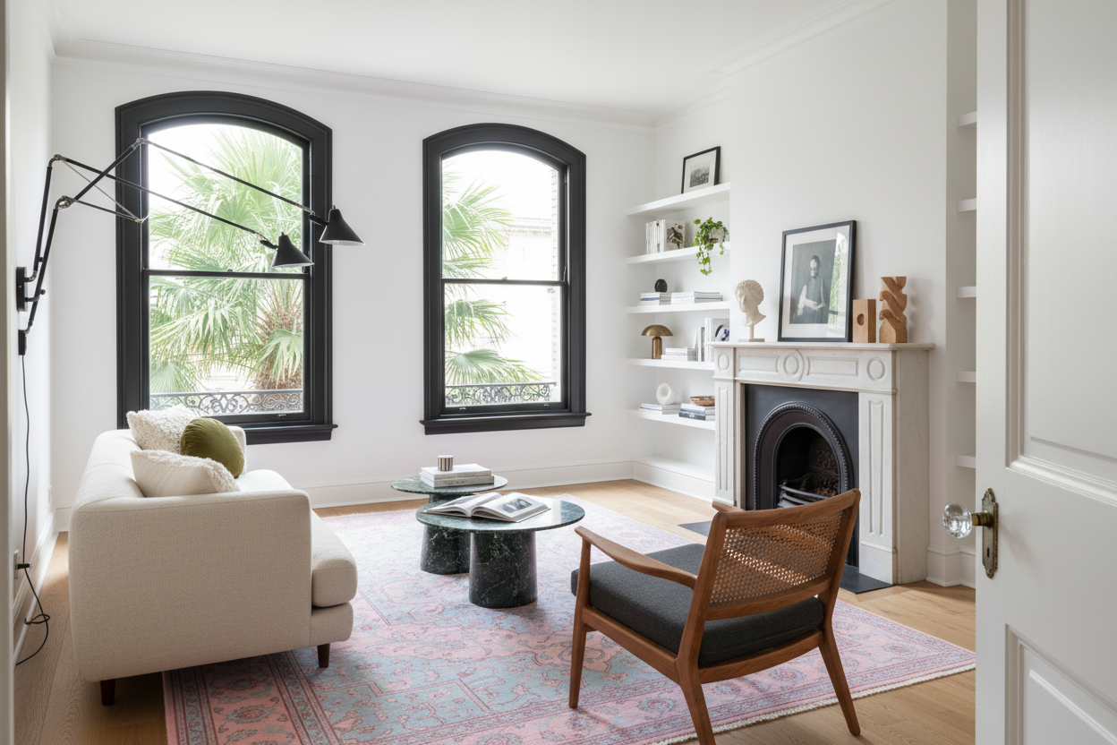 Modern living room with white sofa, wooden chair, pink traditional rug, and fireplace.