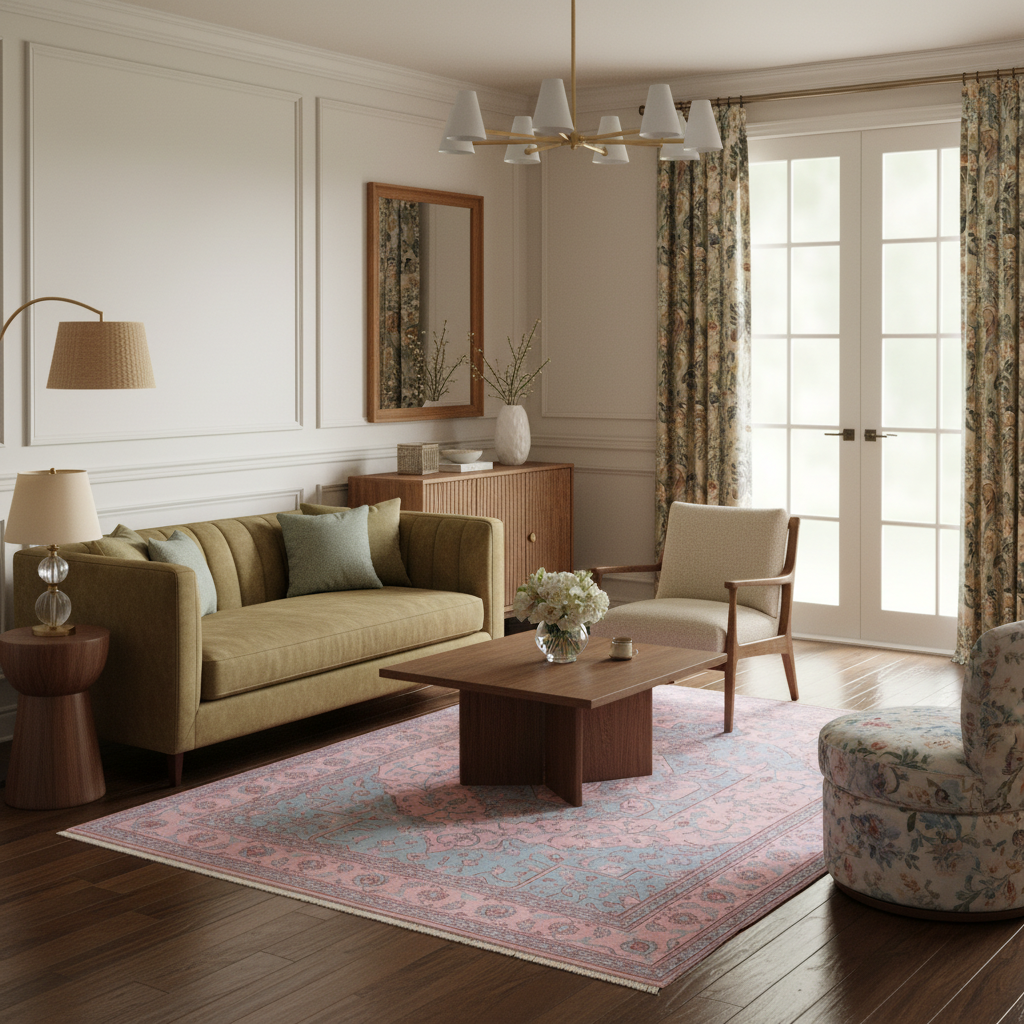 A beautifully styled living room featuring a sage green sofa, a pink and blue patterned area rug, a wooden coffee table, a beige armchair, and floral curtains by white French doors.