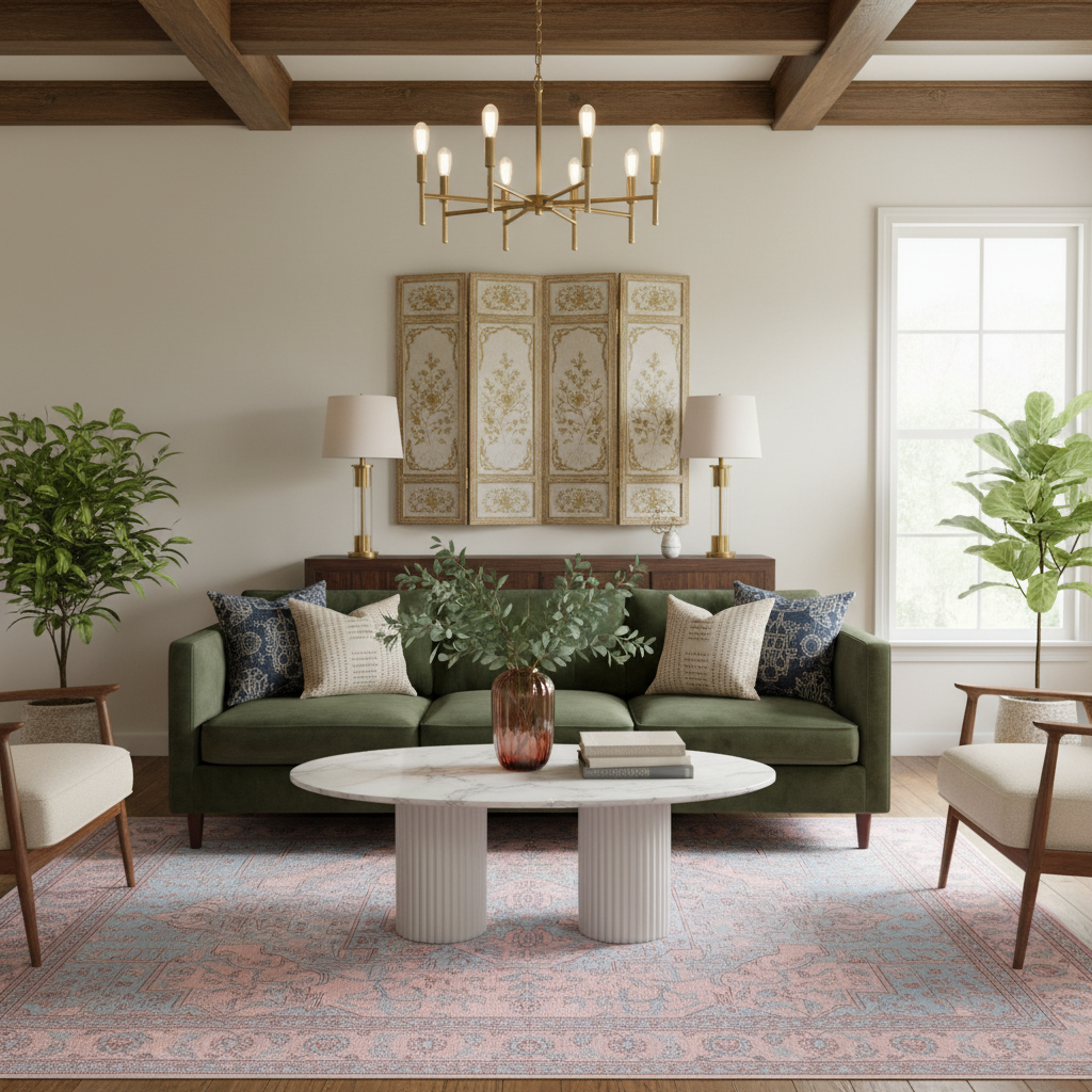 A styled living room scene featuring an olive green sofa with patterned throw pillows, a round white coffee table, a pink patterned rug, and a gold chandelier in a room with exposed wooden ceiling beams.