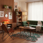 A cozy, modern living room featuring a green tufted sofa, a brown leather chair, a wooden coffee table, and a distinctive green and pink patterned rug on a wood floor. The background includes a wooden slat wall with framed art, a wooden bookshelf, and a window with sheer curtains.