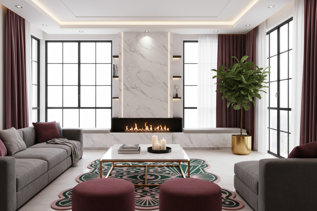 A modern living room interior with gray sofas, burgundy curtains, a white marble fireplace wall, a black fireplace with visible flames, a patterned green and teal rug, two round burgundy ottomans, a white coffee table, and a large potted green plant.