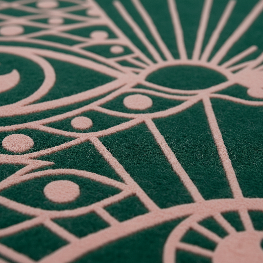 Close-up of a textured felt surface with a repeating geometric sun and moon pattern in dark green and pale pink.
