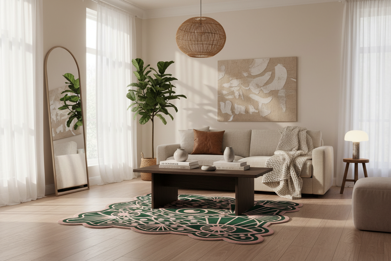A styled living room scene featuring a dark wood coffee table on a green and pink patterned rug, set in front of a beige sofa with a knit throw blanket. The room has light wood floors, white sheer curtains, a tall floor mirror, a potted plant, and a woven pendant light.