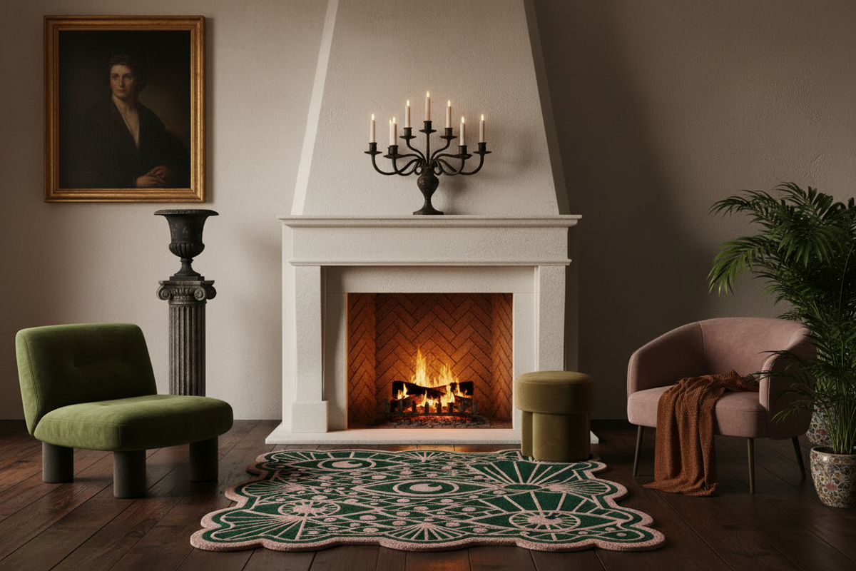 Cozy living room with a fireplace, green rug, armchair, and pink chair.