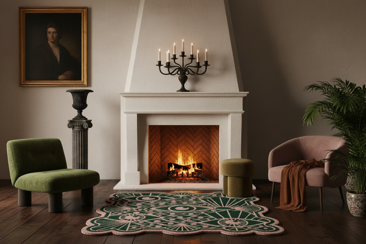Cozy living room with a fireplace, green rug, armchair, and pink chair.