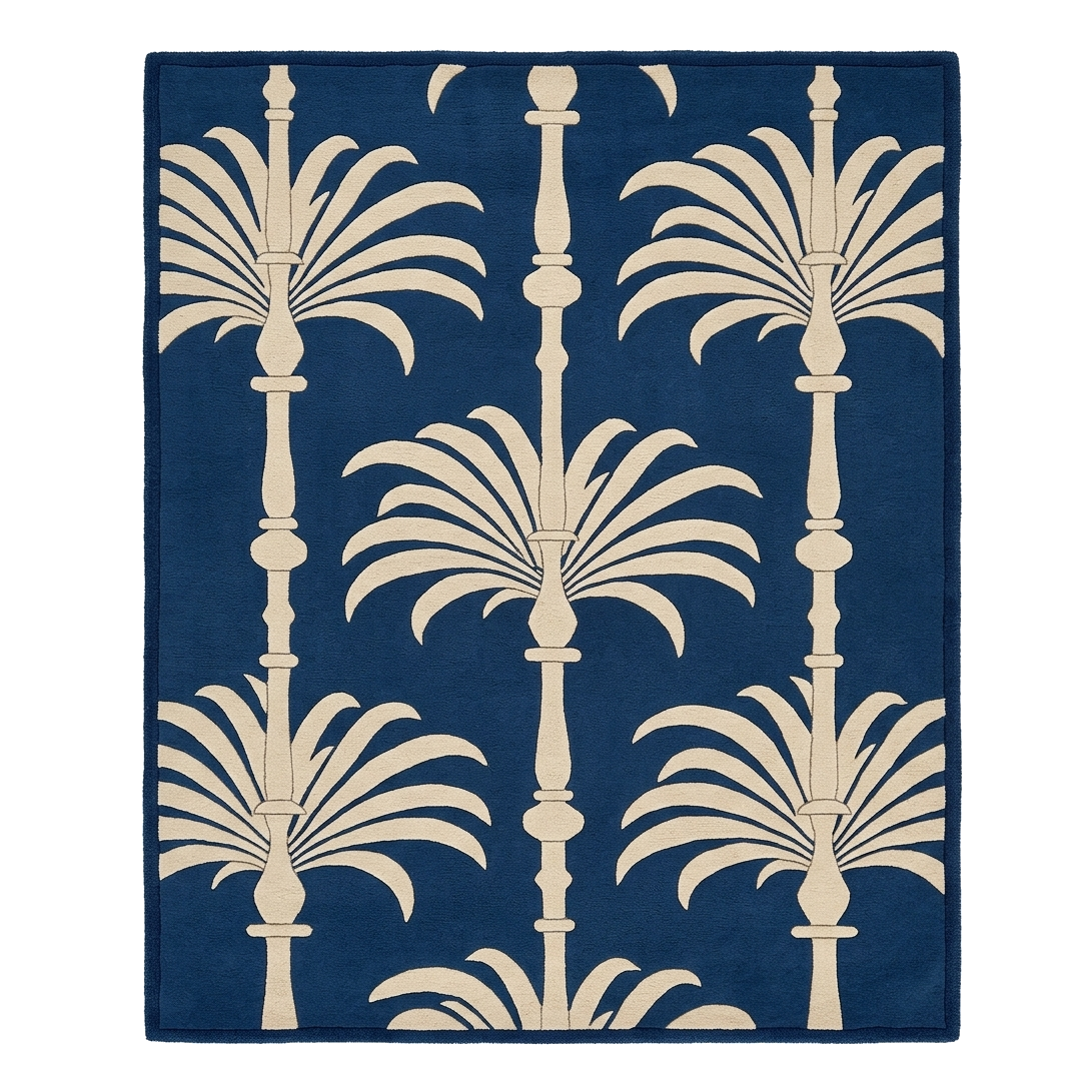 Art Deco Palm Column Border Hand Tufted Wool Rug