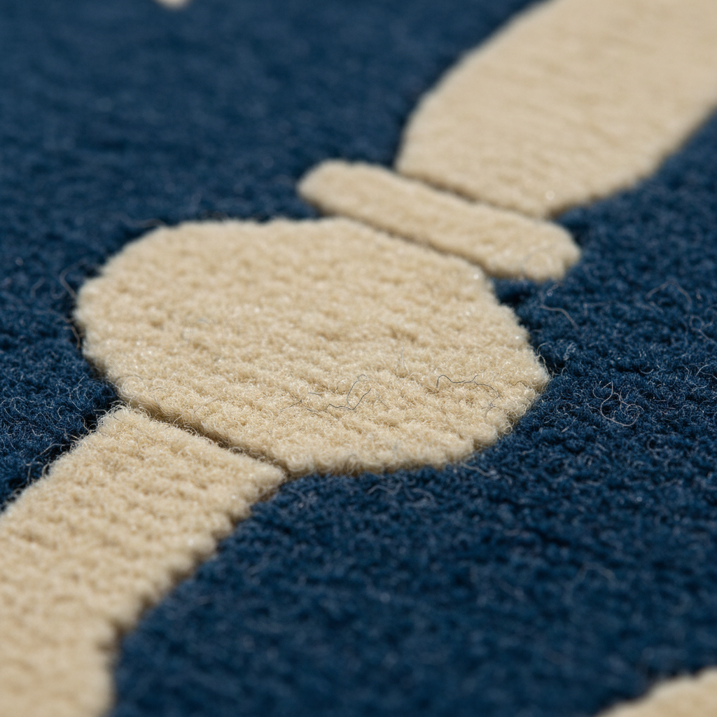 Close-up of a textured area rug with a navy blue and cream abstract pattern.