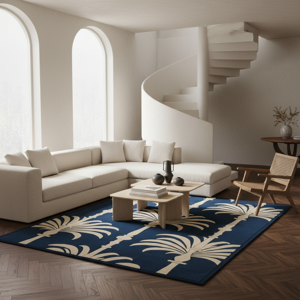 A modern living room featuring a large navy blue area rug with a cream palm tree pattern, styled with a cream sectional sofa, wooden coffee table, and a spiral staircase in the background.