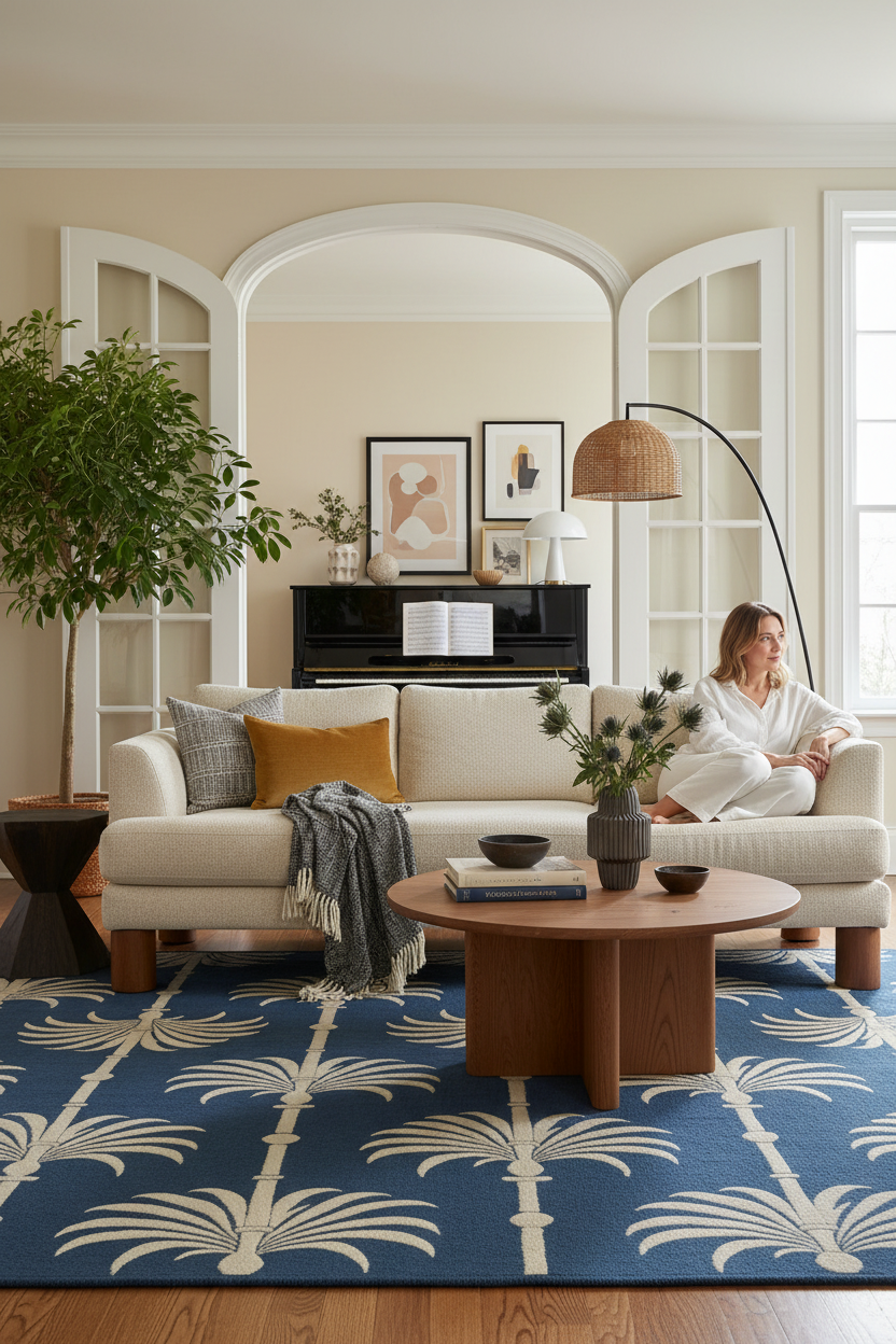 Living room with a woman sitting on a couch, a coffee table with decor items, and a blue rug with palm tree pattern.