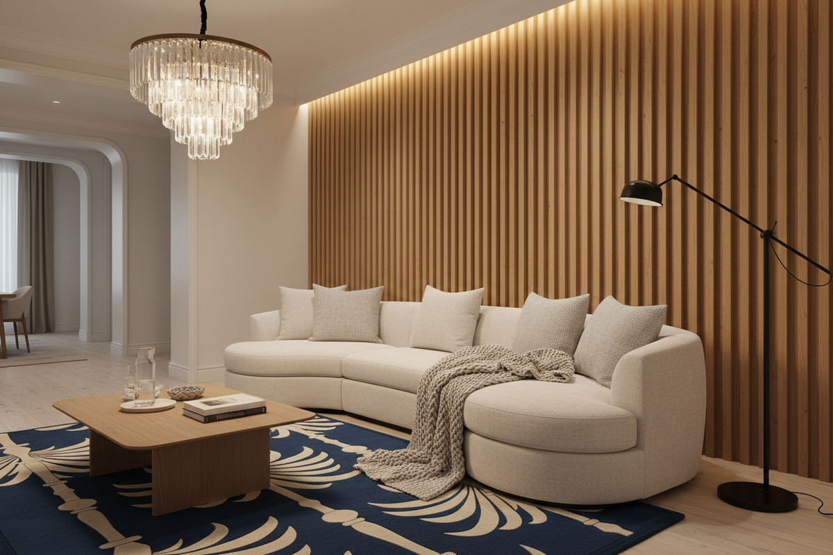 A modern curved cream sectional sofa in a styled living room with a slatted wood accent wall, a blue patterned rug, a wooden coffee table, and a black floor lamp.