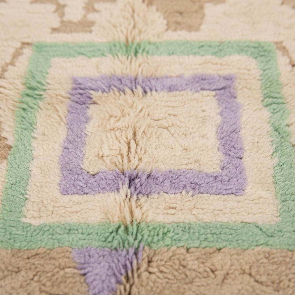 A close-up of a shaggy wool rug with concentric square patterns in cream, light green, lavender purple, and beige.