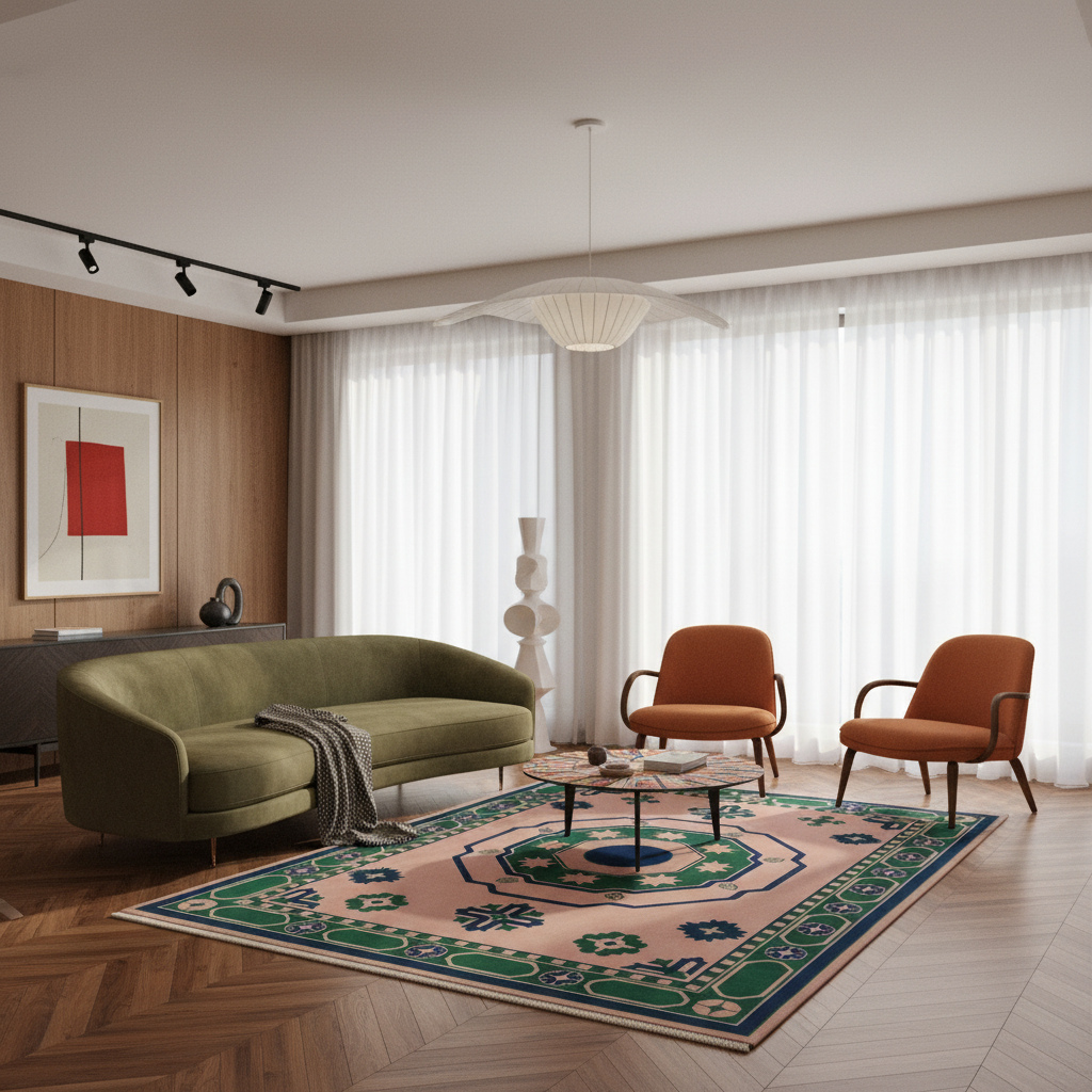 A styled living room interior featuring a curved olive green sofa, two orange armchairs, a patterned area rug, a glass-top coffee table, wood flooring, and large white sheer curtains.