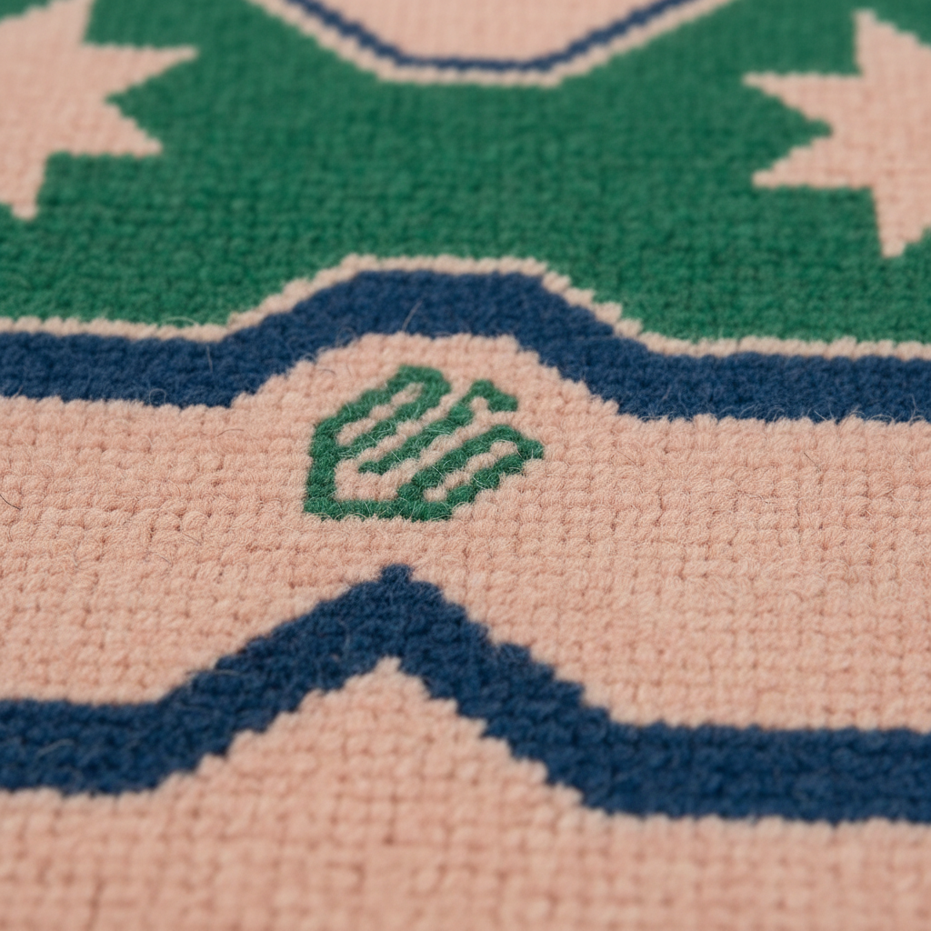 Close-up of a textured woven rug with a geometric pattern in green, navy blue, and light pink.