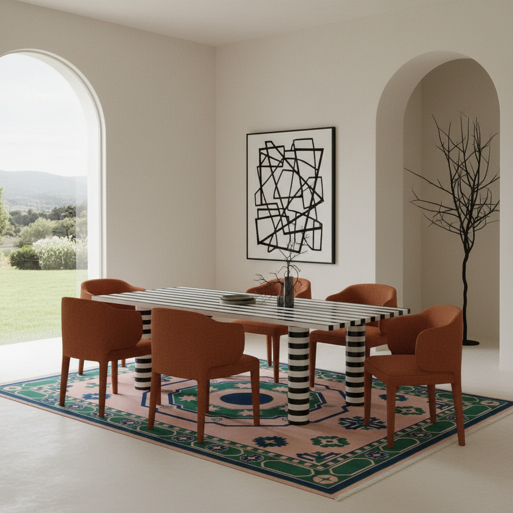 A modern dining room scene featuring a rectangular table with a black-and-white striped top and striped legs, surrounded by six terracotta-colored upholstered chairs on a patterned rug. The room has minimalist beige walls, arched windows showing a green lawn, and a black abstract wall art piece.