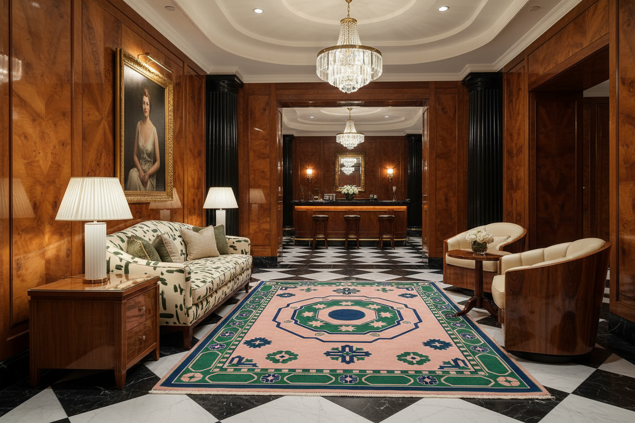 Luxurious interior with a patterned rug, sofa, and chandelier in a formal setting.